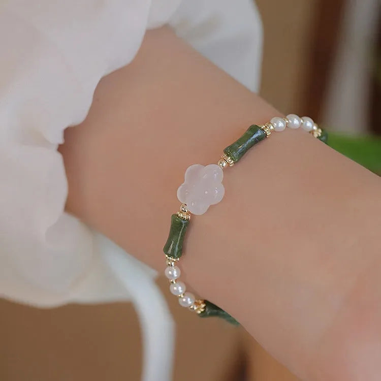 Chinese-style Hetian jade bracelet with antique bamboo joint design and 4mm shell pearl beads