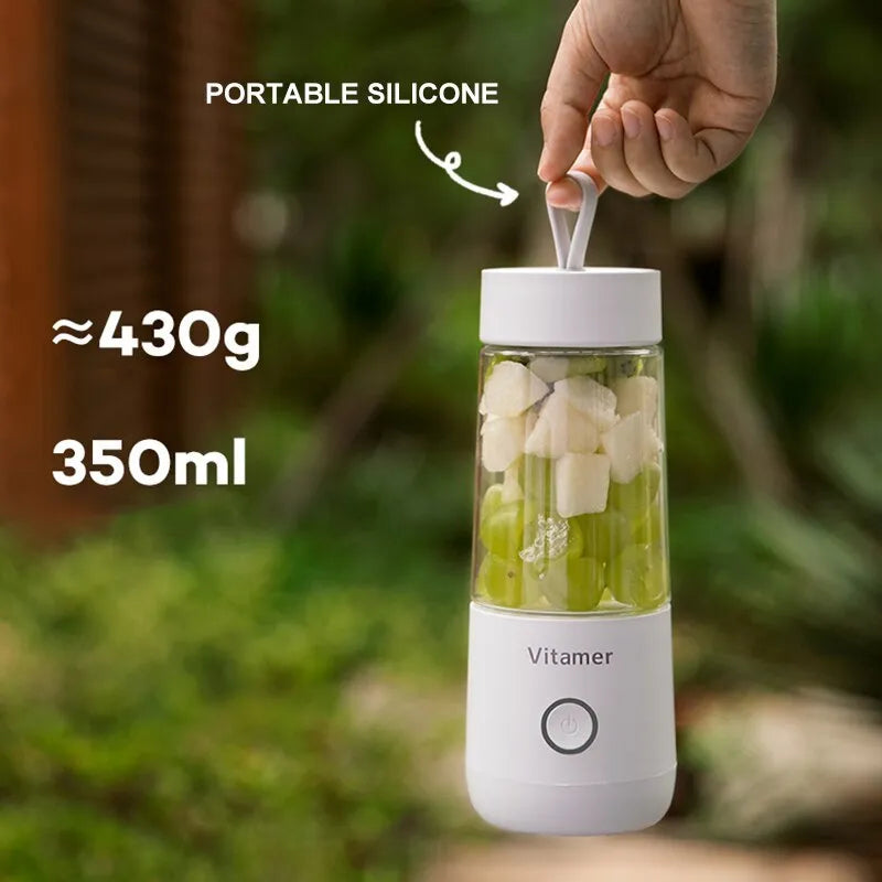 White portable USB blender bottle with 350ml Tritan cup and silicone lifting ring