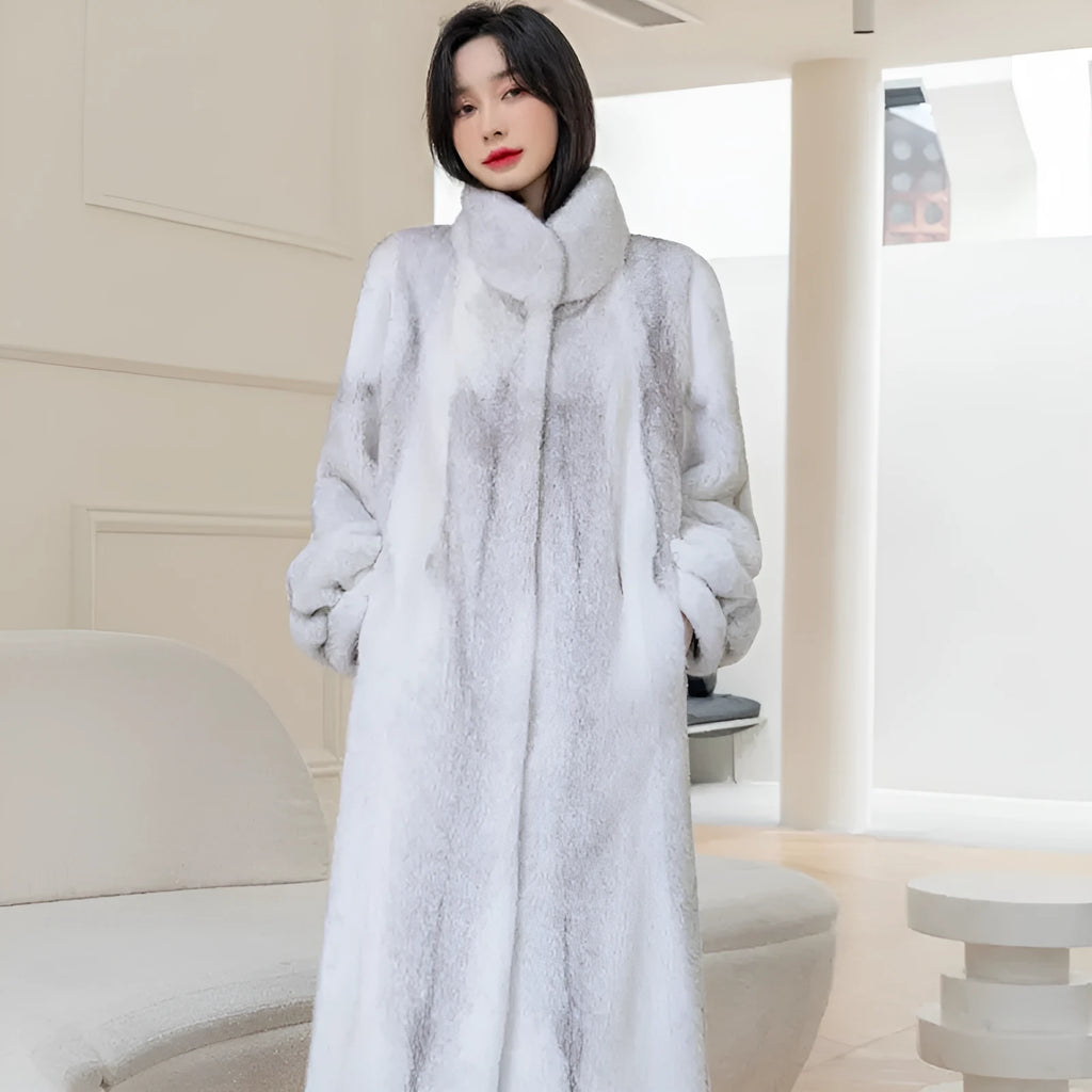 White full-length faux fur coat for women with a stand-up collar.