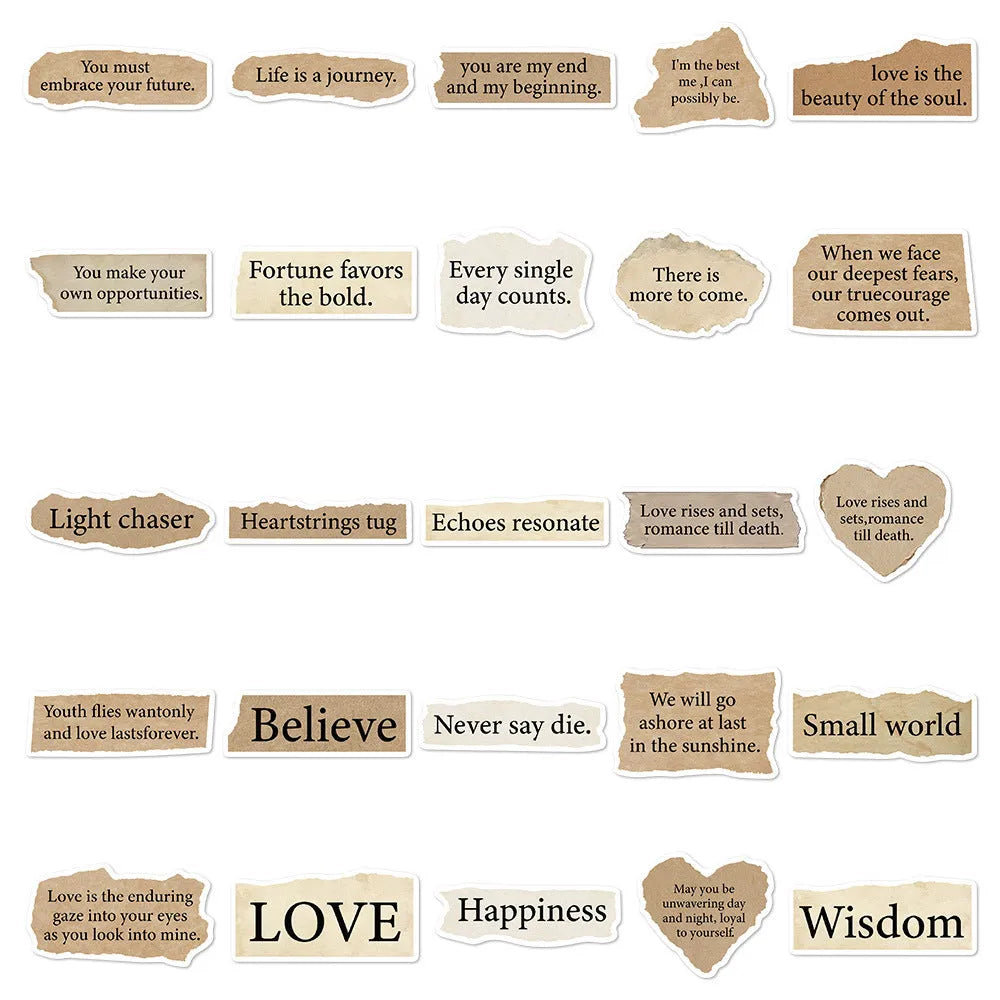 Pack of 25 tear English letter design PVC stickers for laptops, showing matte and glossy finishes.