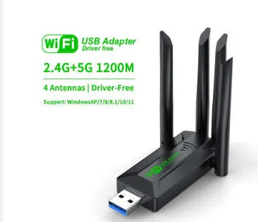 Black external USB network transmitter device with four extended antennas.