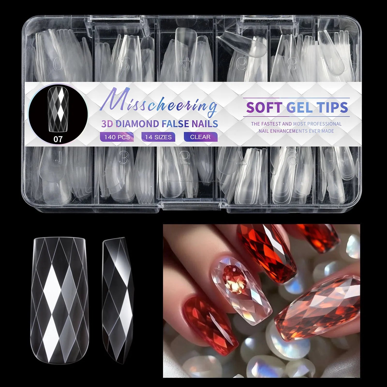 3D diamond pattern long nail tips in glitter colours for nail art enhancement