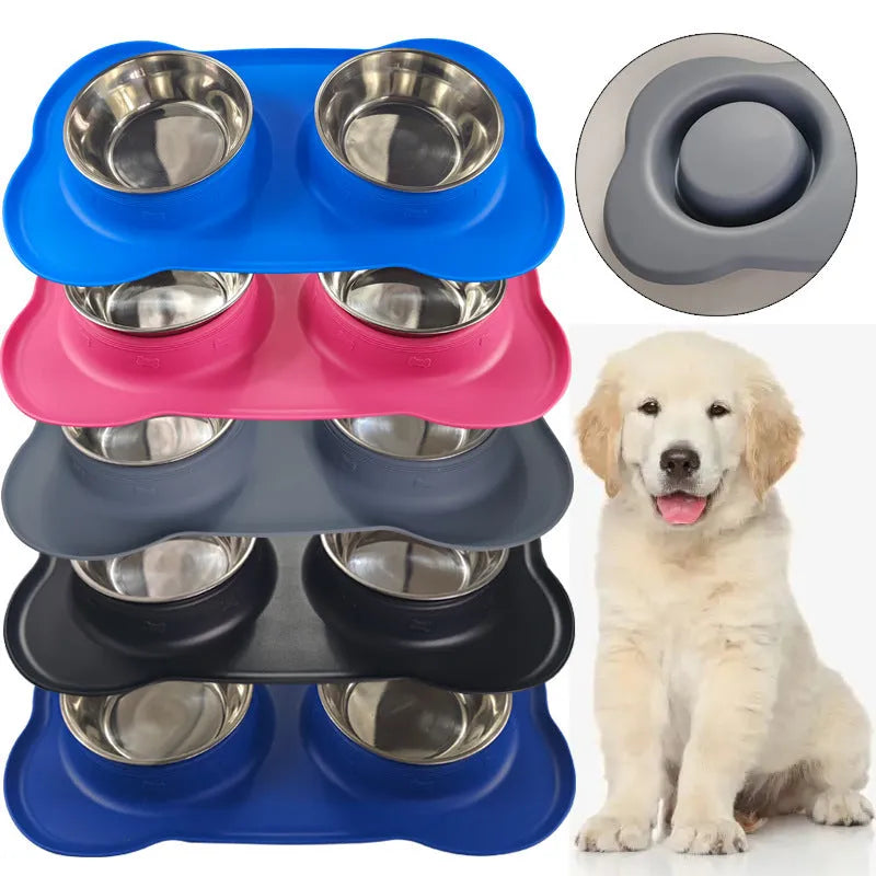 Silicone double compartment dog bowl with stainless steel inserts in blue colour