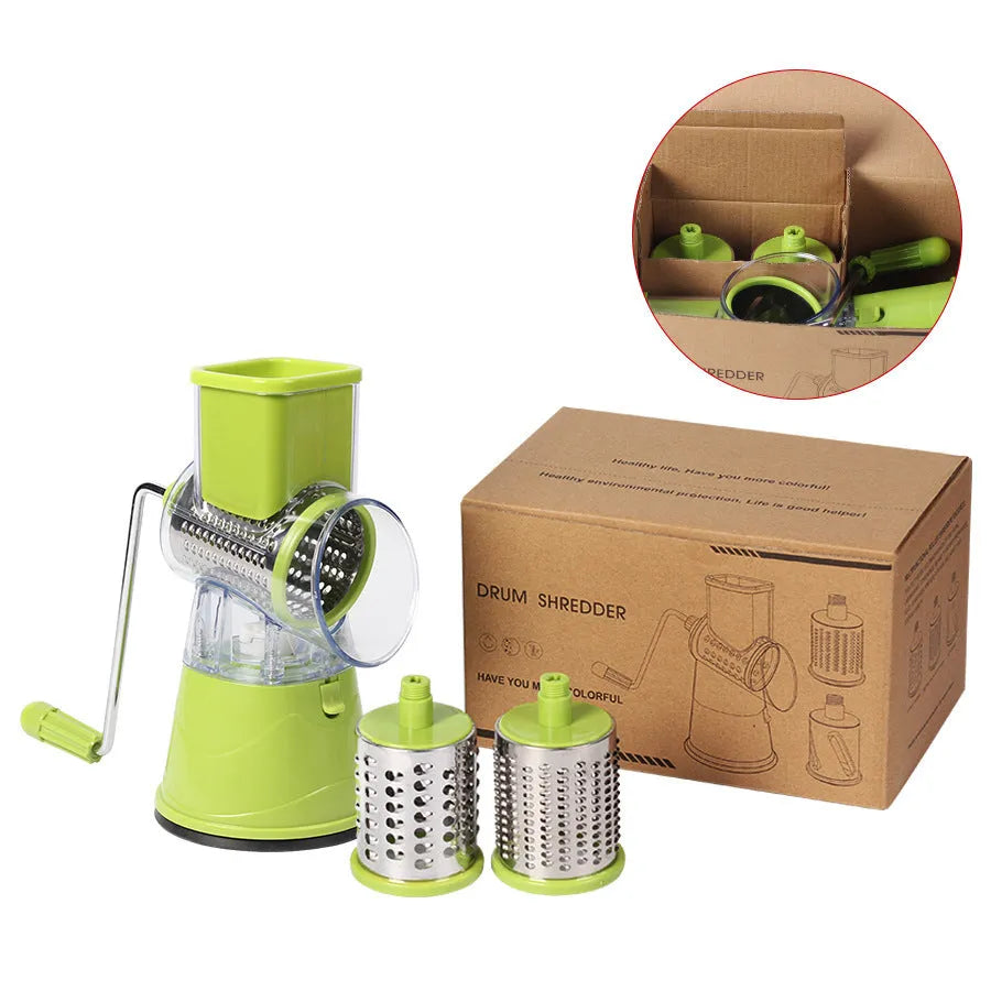 Manual multifunction drum cutter stainless steel vegetable slicer hand crank grater in blue