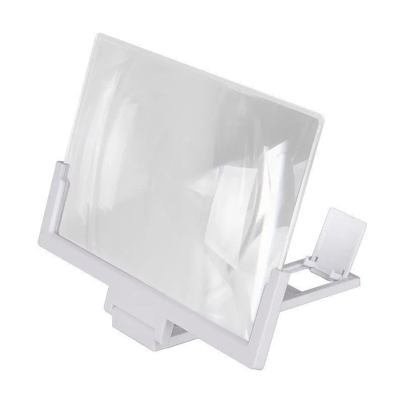A black magnifying mobile phone stand holding a smartphone, showing the enlarged screen through the acrylic lens.