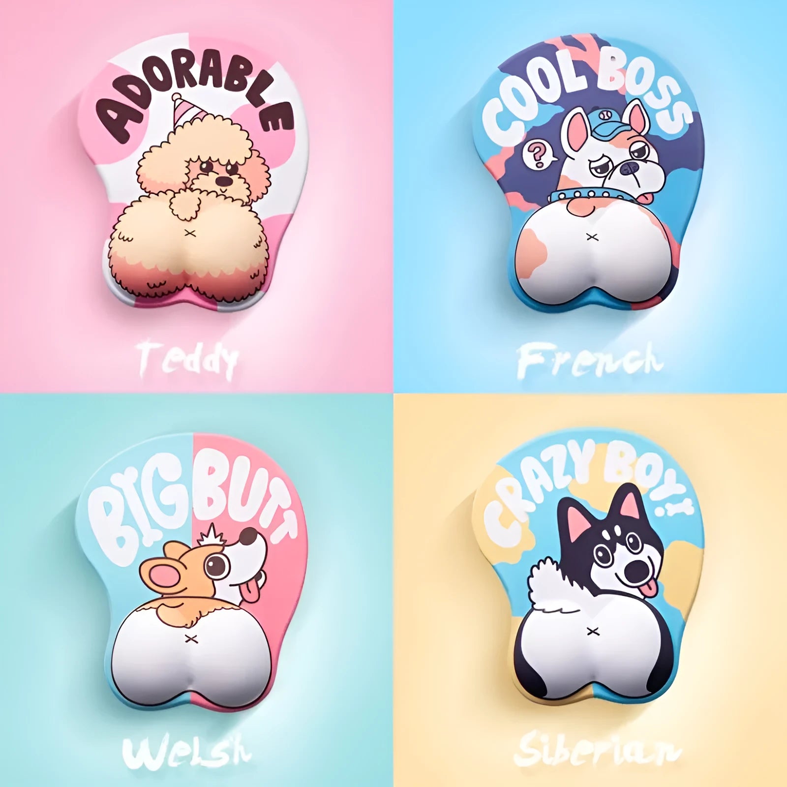 Cute 3D corgi butt mouse pad with raised wrist cushion on a desk