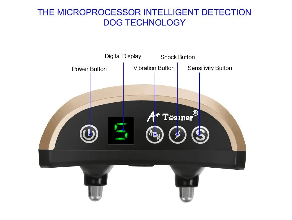 Digital bark training collar with adjustable strap on black, gold, and silver colour backgrounds