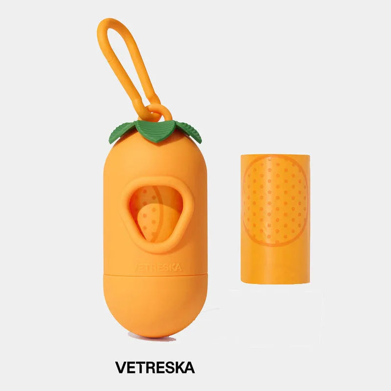 Colourful dog poo bag dispenser capsule with a roll of scented, biodegradable waste bags for dog walks