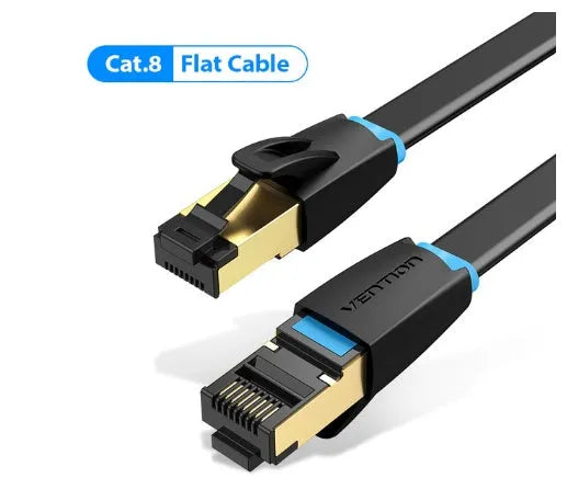 CAT8 10G high-speed Ethernet network cable showing flat and round style options with RJ45 plug.