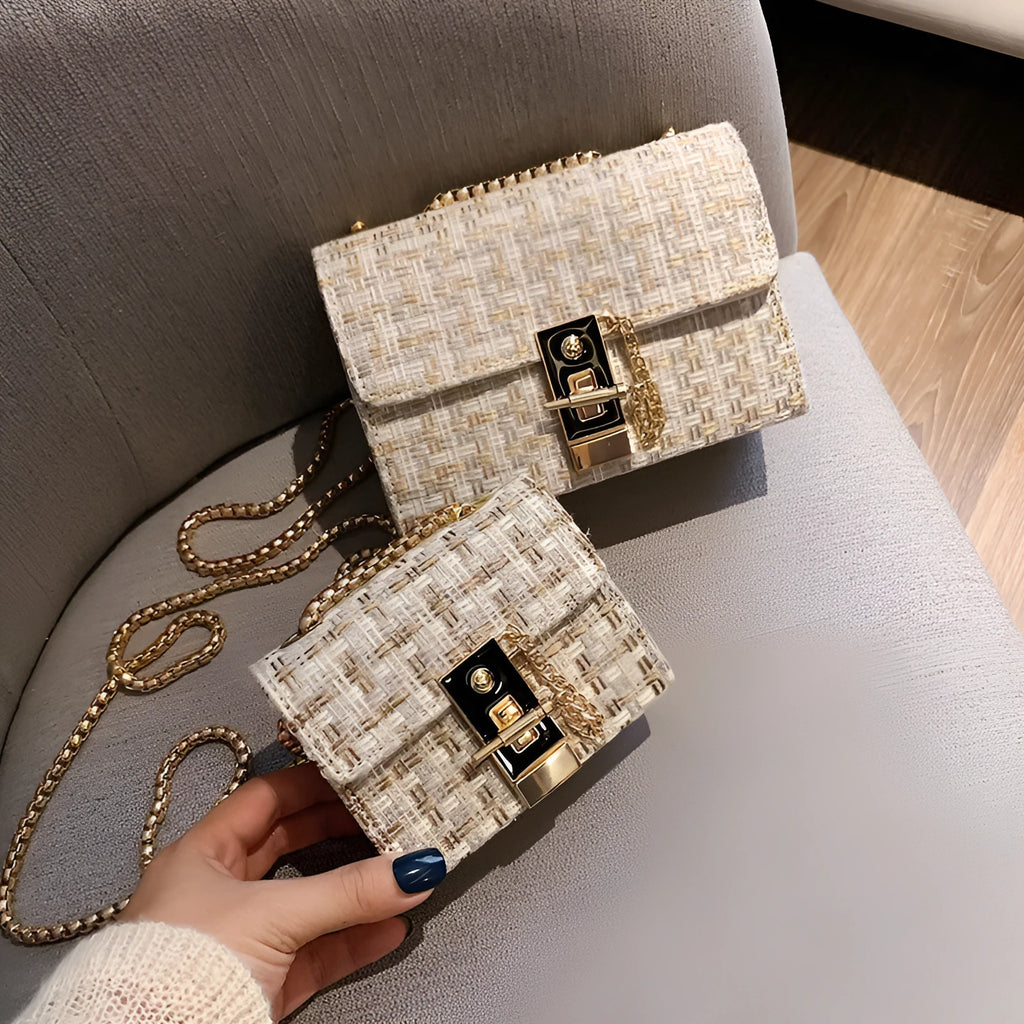 Foreign gas chain casual small square bag in advanced PU with shoulder strap, L size 8x12x17cm, black colour, front view