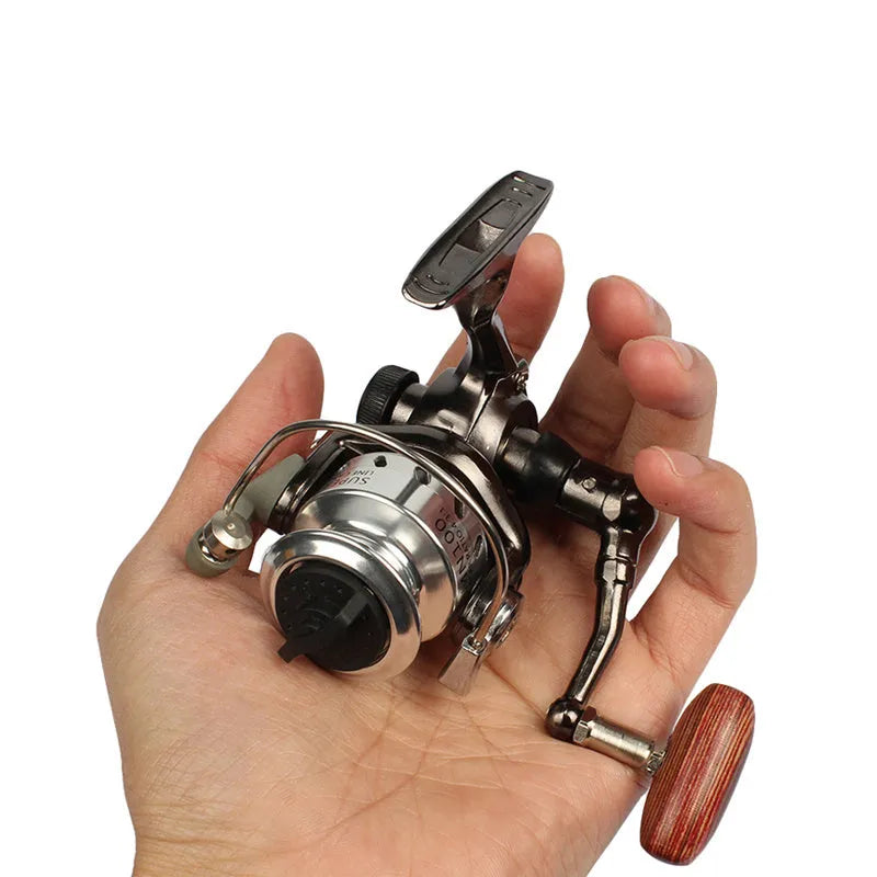 Mini 100 all metal black spinning reel MN100 8cm high with folding wooden rocker arm handle