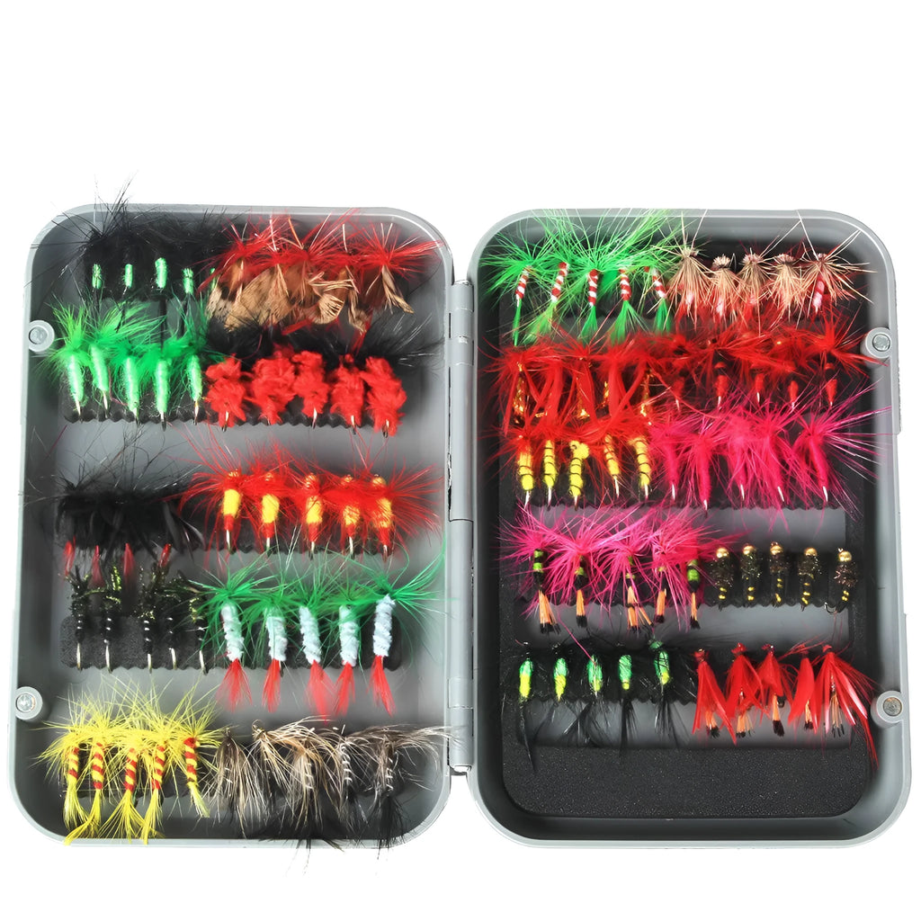 Fishing Gear 100 Fly Bait Set in 81089 colour box with real feathers and sharp hooks