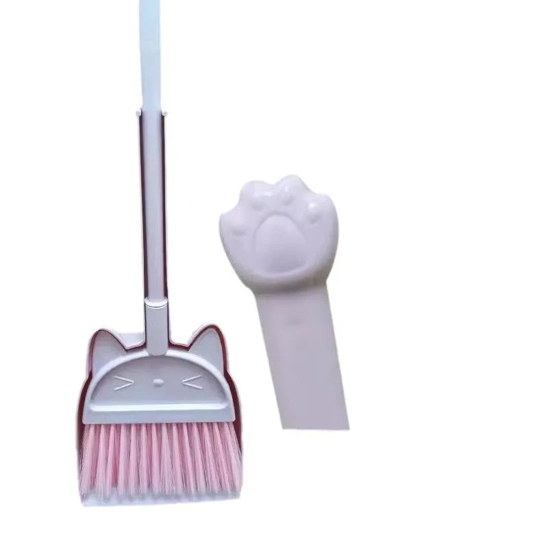 Broom and dustpan cleaning set with rotating brush holder in purple, green, or beige colours