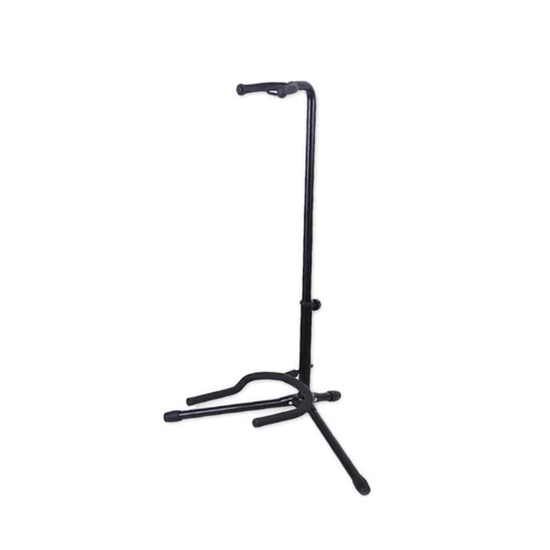 Black foldable metal guitar stand with soft rubber protective pads, holding a guitar.