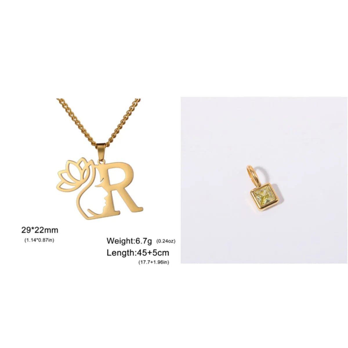 Gold electroplated stainless steel necklace with a cross chain and a letter 'A' pendant on a white background.