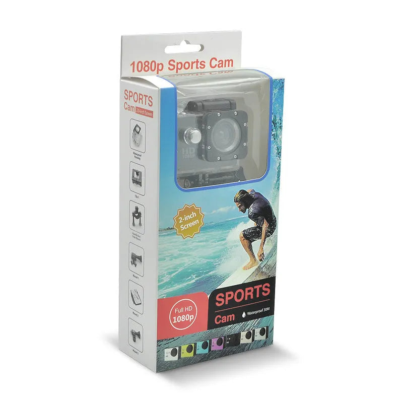Waterproof sports camera 480P in black with LCD screen and waterproof case