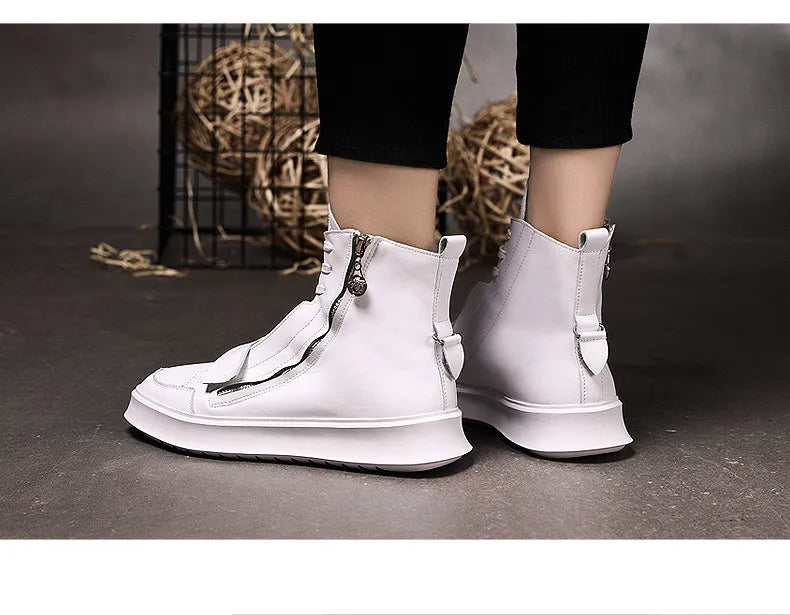 Men's black and white PU leather high-top ankle boots for winter, showing sneaker-style design.