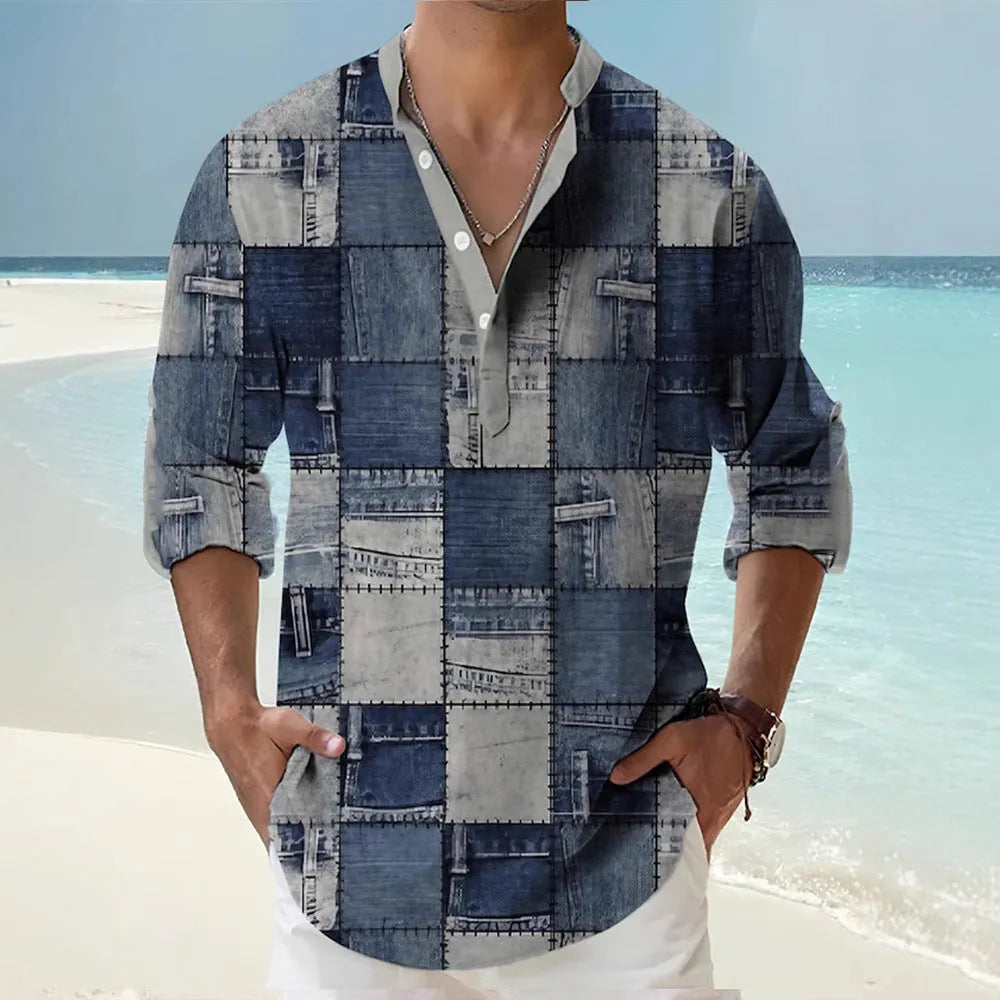 Thin striped Hawaiian long sleeve shirt in lilac colour on a hanger