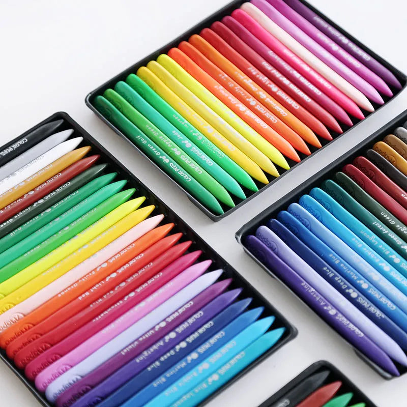24 plastic crayons in 24 different colours packed in a carton box, each measuring 12.8cm in length