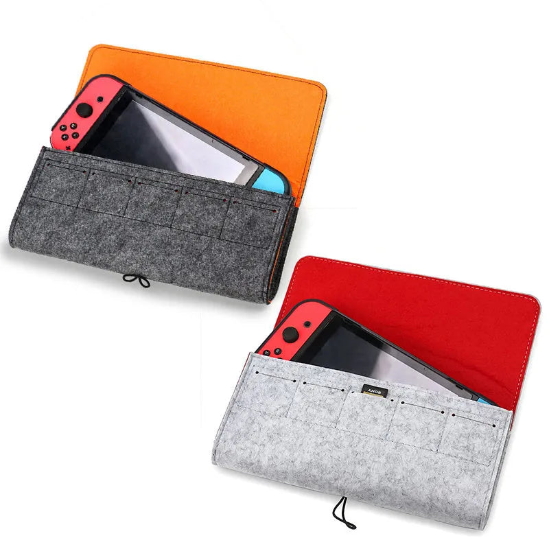 Nintendo Switch black felt pouch with game card slots and accessory storage compartments