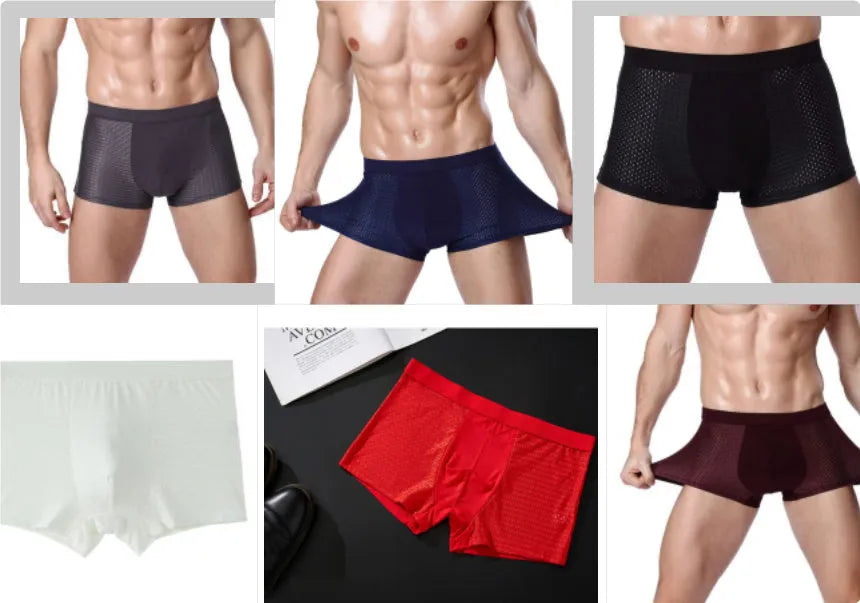 Men's solid colour ice silk modal boxer briefs showing the U convex mesh design on a mid waist.