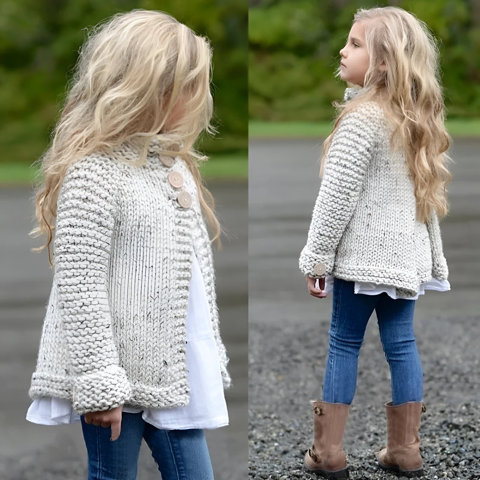 Beige long sleeve girls cardigan sweater coat with single-breasted button closure.