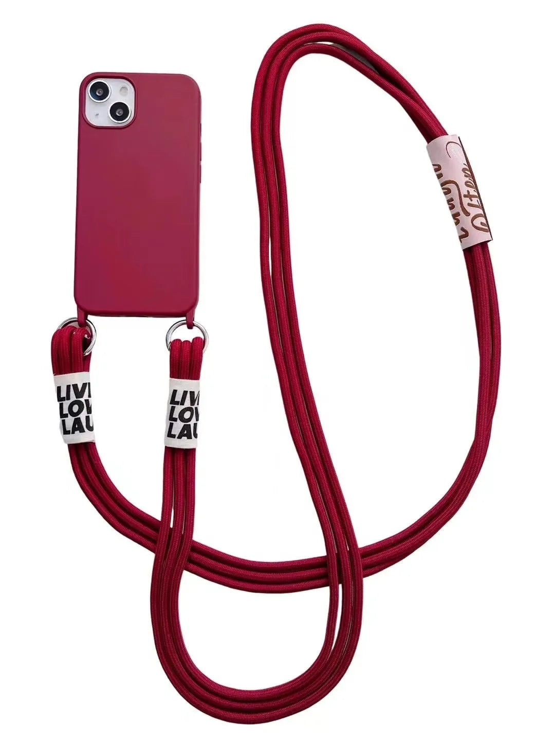 Diagonal lanyard soft TPU phone case for iPhone 13 in blue with grey neck strap on a white background