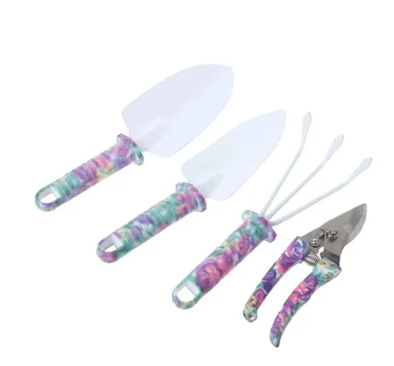 Camouflage garden tool set with two shovels, rake, scissor, kettle, and spray bottle in a green plastic case