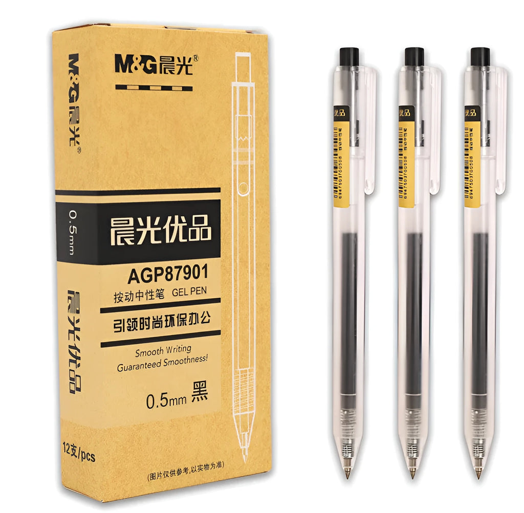 12 black retractable gel pens with 0.5mm tips and two spare refills