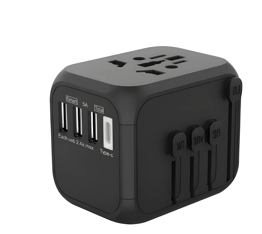 Black six-port universal travel adapter for converting UK plugs to international sockets.