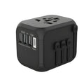 Black six-port universal travel adapter for converting UK plugs to international sockets.