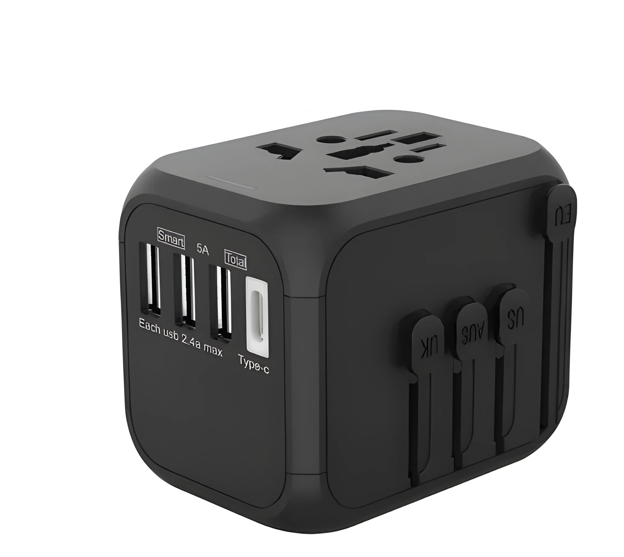Black six-port universal travel adapter for converting UK plugs to international sockets.