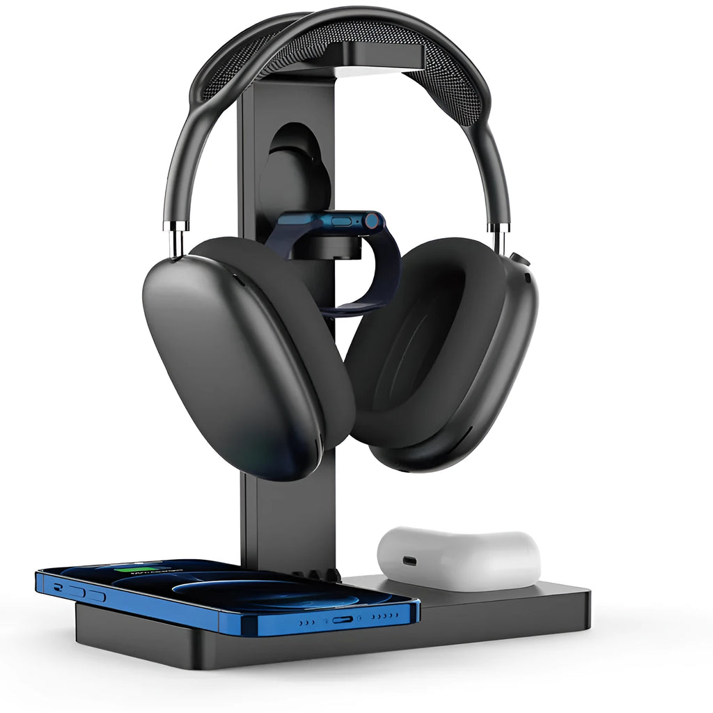 Black wireless charging station for phone, watch and headphones with indicator lights