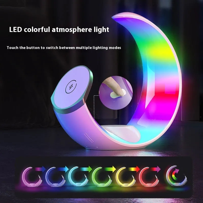 White wireless ambience night lamp and USB charger unit with Type-C port for phones and watches.