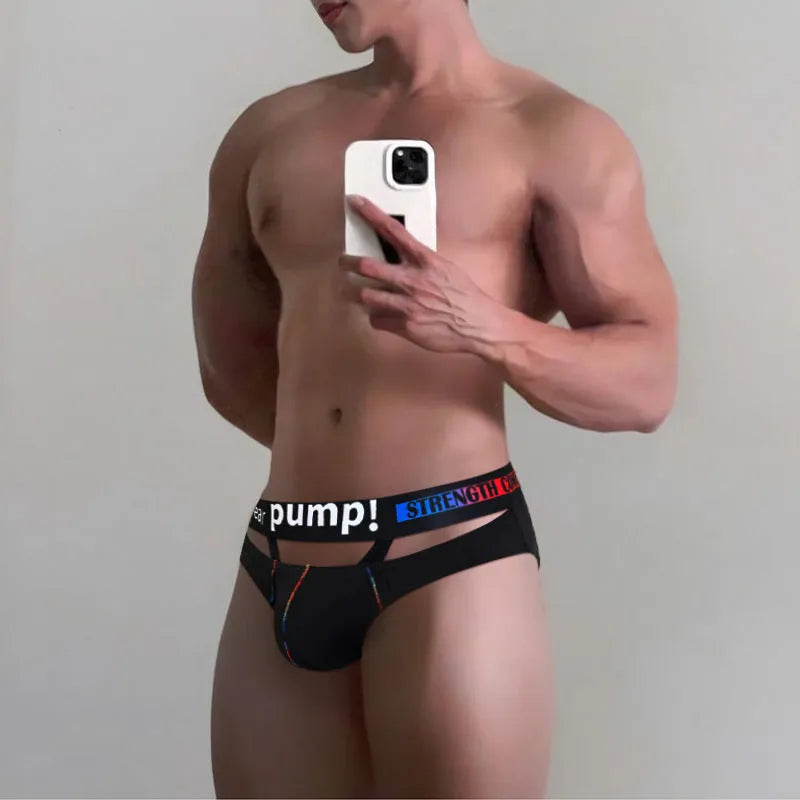Men's solid-colour modal briefs on a white background, showing low-waist design in black and white.