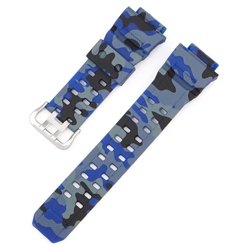 TPU camouflage pattern watch strap with silver buckle on a grey background.