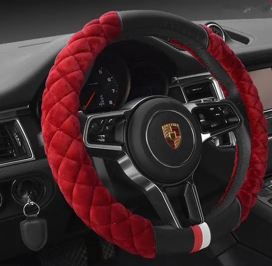 Universal 38cm plush steering wheel cover with footprint pattern, available in black, for winter warmth and non-slip grip