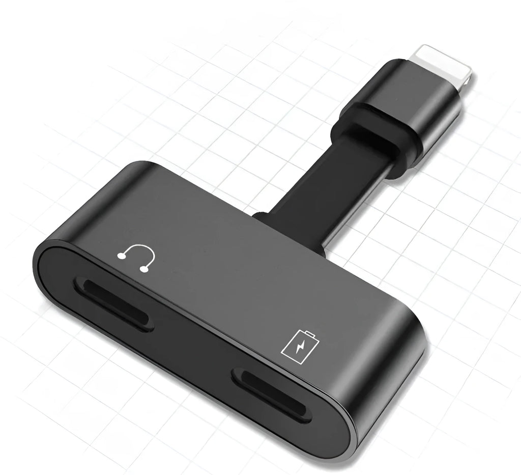 Black 2-in-1 Lightning adapter for iPhone charging and headphone use