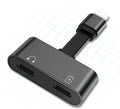 Black 2-in-1 Lightning adapter for iPhone charging and headphone use