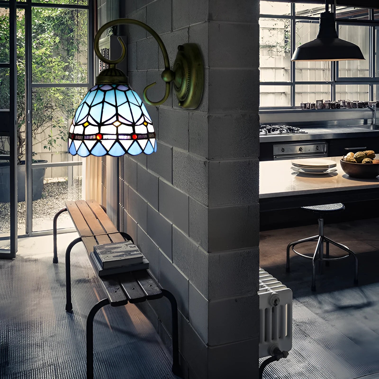A simple modern stained glass wall lamp for corridors, shown in one of six available coloured styles.