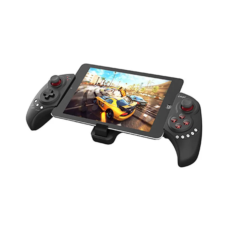 Wireless telescopic game controller extended to hold a mobile phone, showing USB port and buttons.