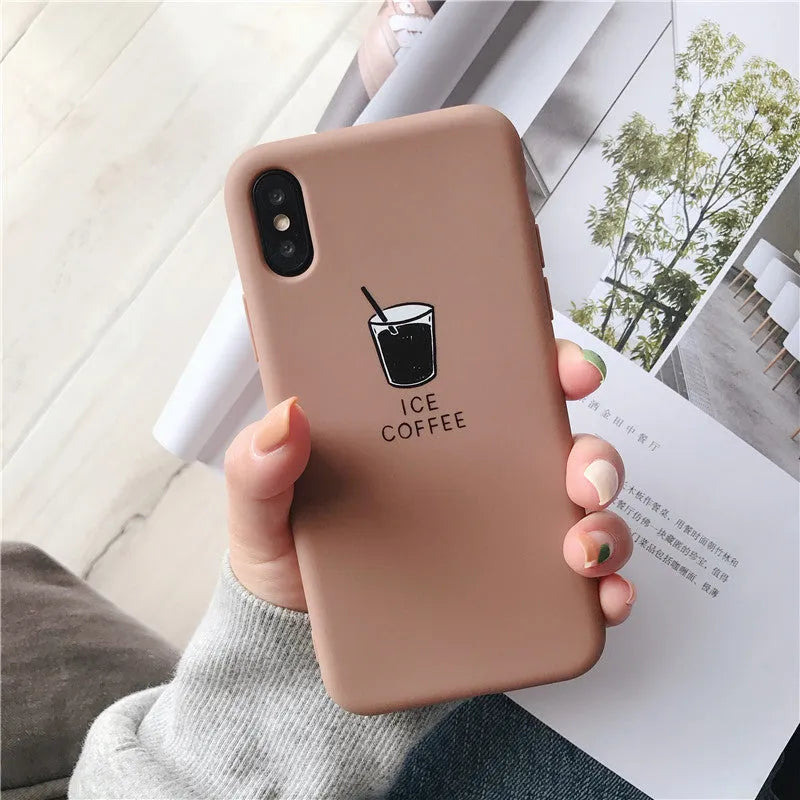 Soft matte silicone iPhone case showing cute ice coffee and french fries couple patterns.