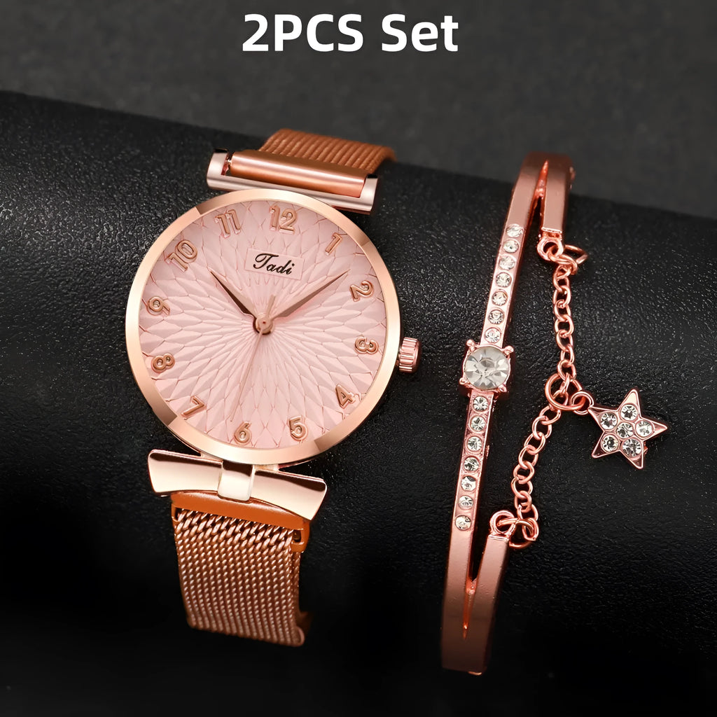 Women's quartz watch with rose pink gold bracelet, round 26mm dial, mineral glass mirror, and pin buckle