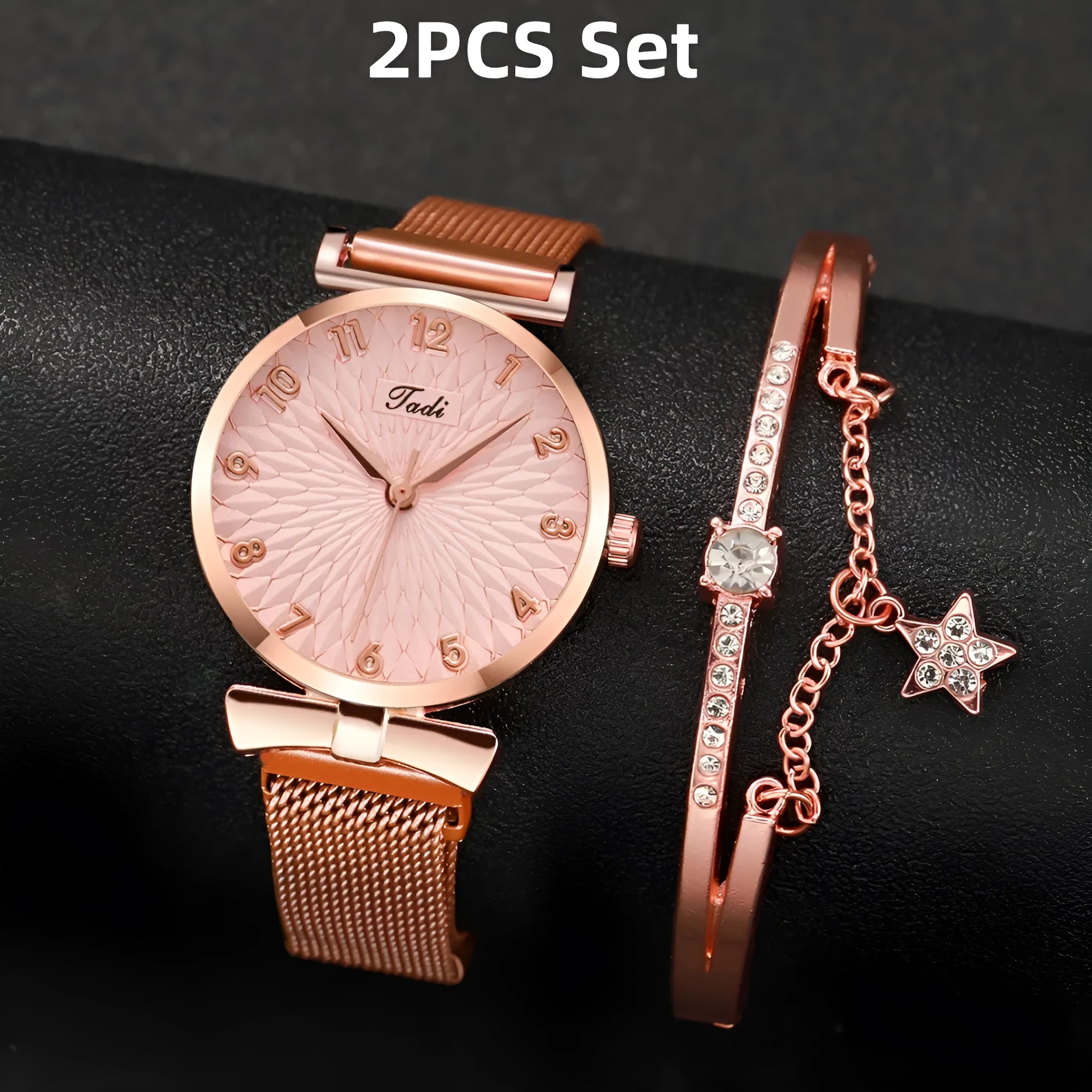 Women's quartz watch with rose pink gold bracelet, round 26mm dial, mineral glass mirror, and pin buckle