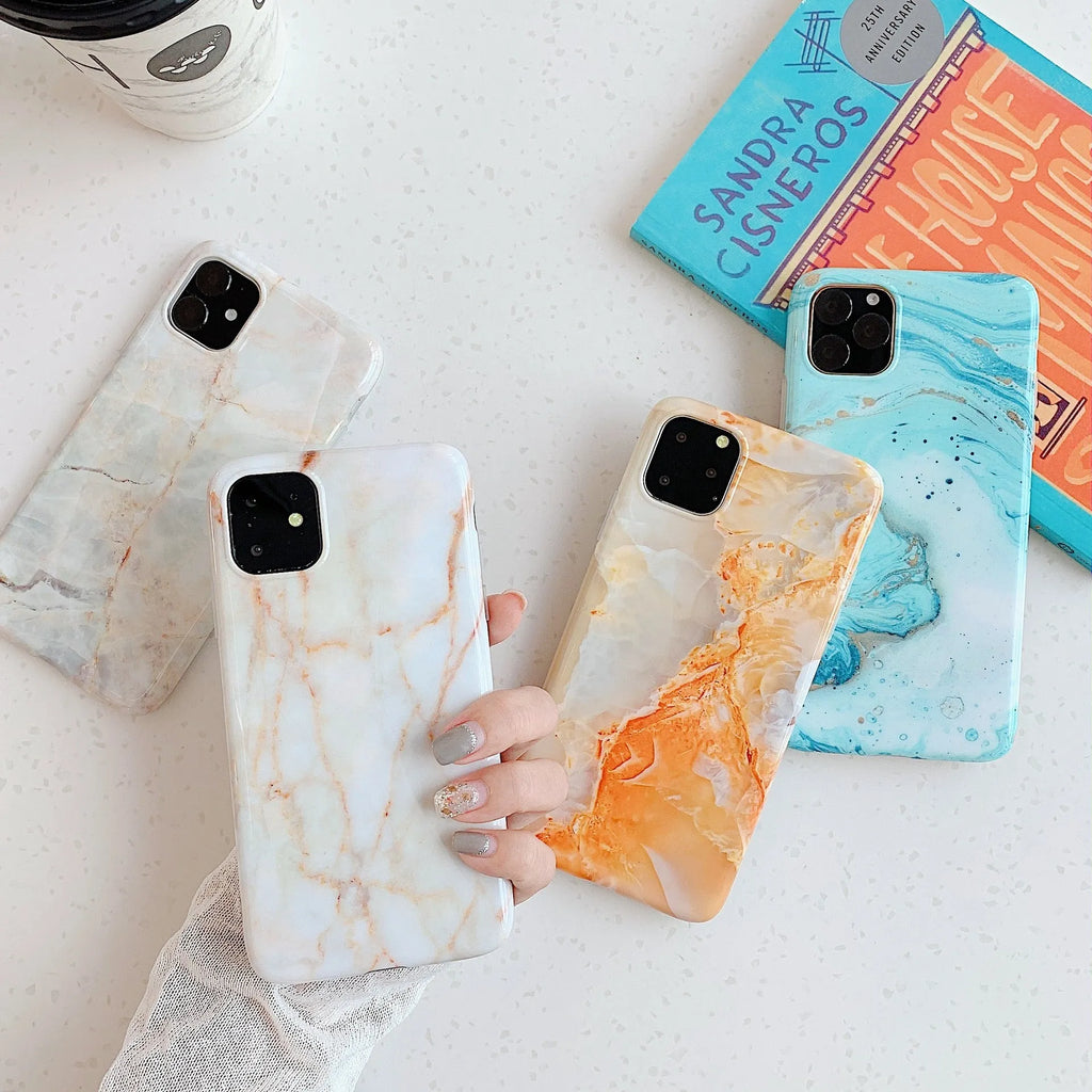 Frosty marble silicone phone case back cover with geometric pattern in multiple colours for iPhone models