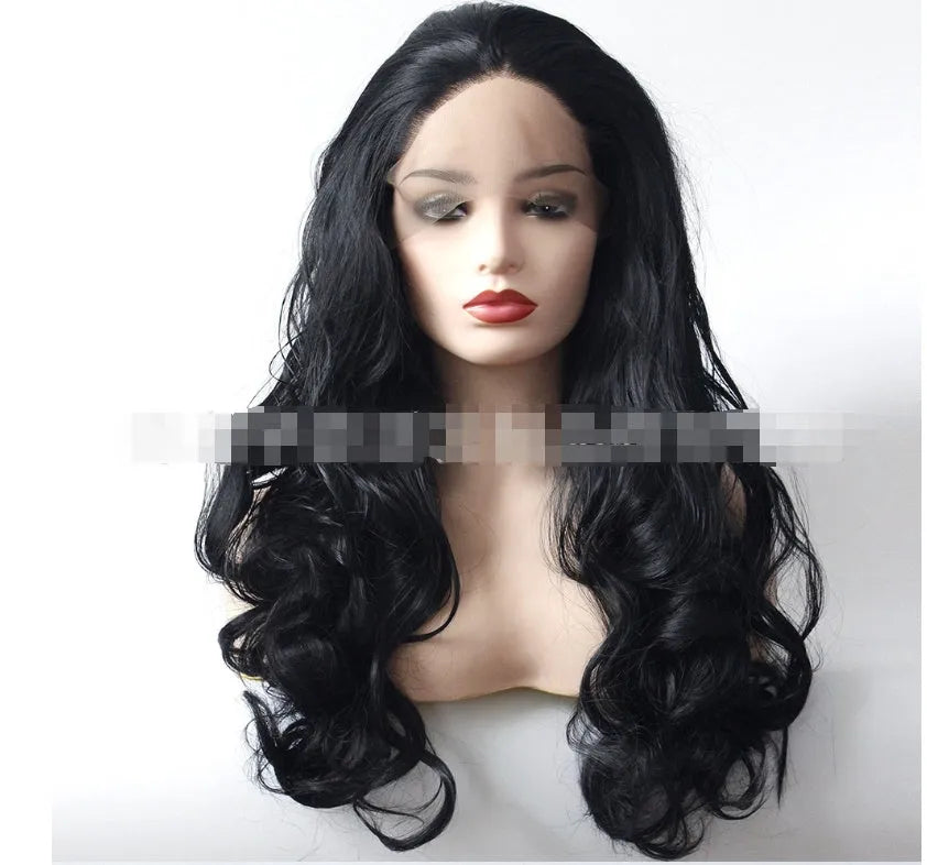 Black big wave wig with front lace head cover on mannequin head