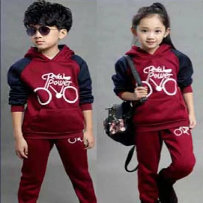 Children's Korean style two-piece sweater suit tracksuit with printed long sleeves in black, red, or red wine