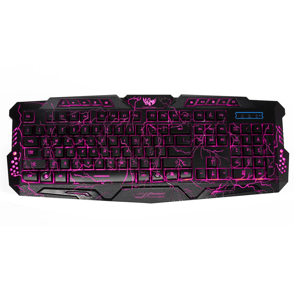 Black backlit game crack keyboard with red, purple, and blue adjustable lighting and anti-slip base