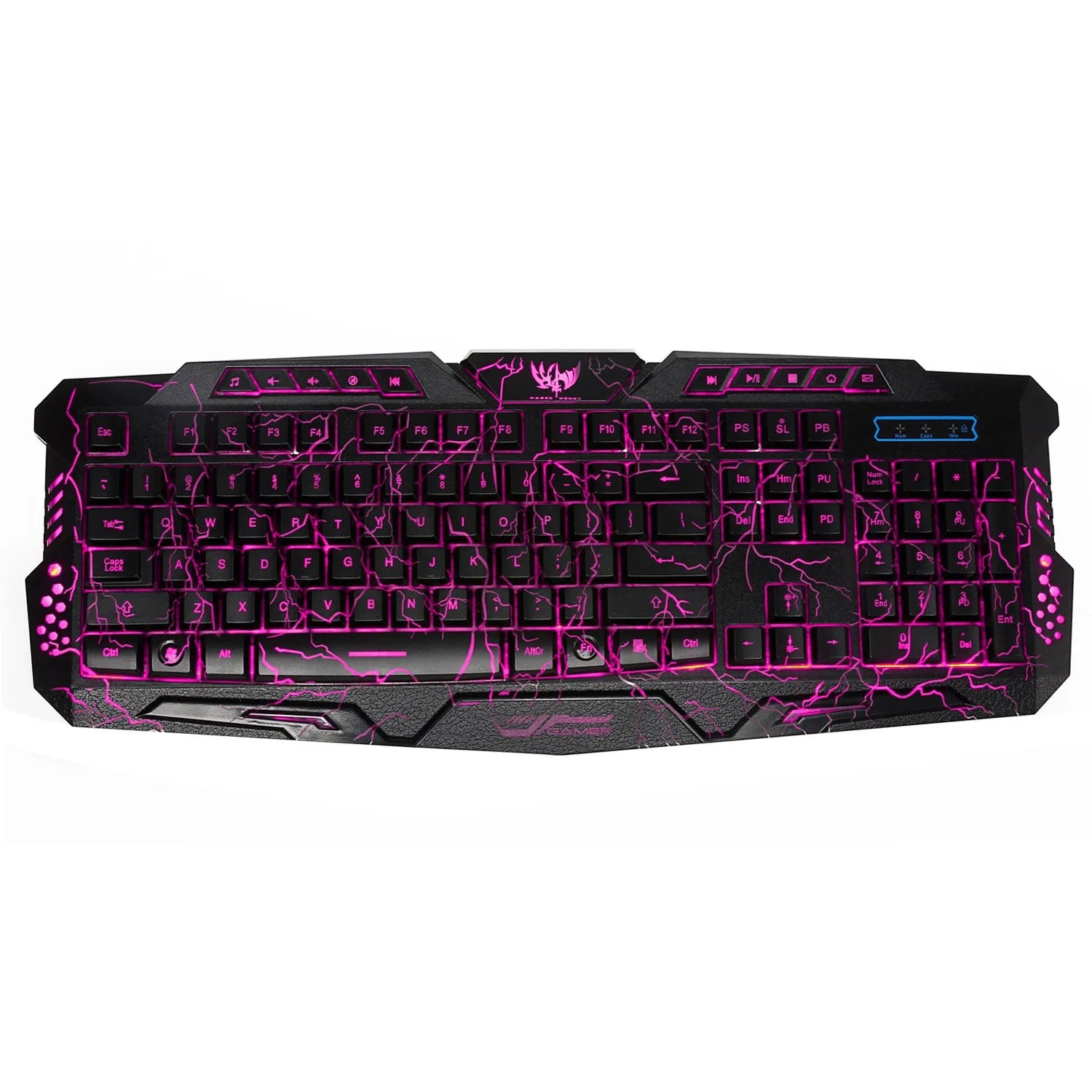 Black backlit game crack keyboard with red, purple, and blue adjustable lighting and anti-slip base