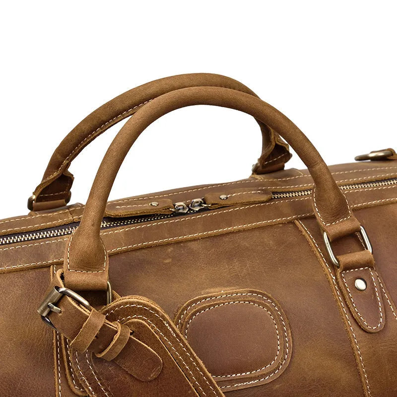 Crazy horse leather large capacity luggage bag in dark brown, 45cm length, with first layer cowhide construction